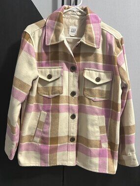 GAP Cream/Pink/Camel Plaid Button Down Shacket Women's Size S